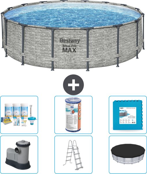 Piscina Bestway Round Steel Pro MAX - stampa su pietra - 488 x 122 cm - inclusa pompa - scala - copertura pacchetto manutenzione - filtro - pavimento in piastrelle