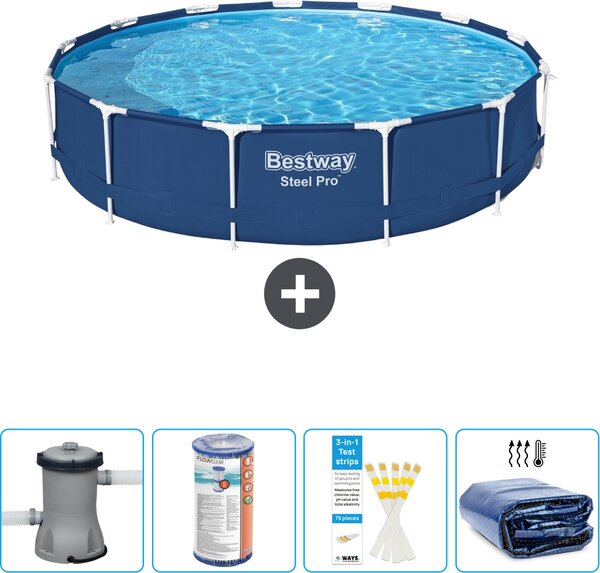 Piscina Bestway Round Steel Pro - 396 x 84 cm - blu - inclusa pompa - filtro - strisce reattive - tenda da sole