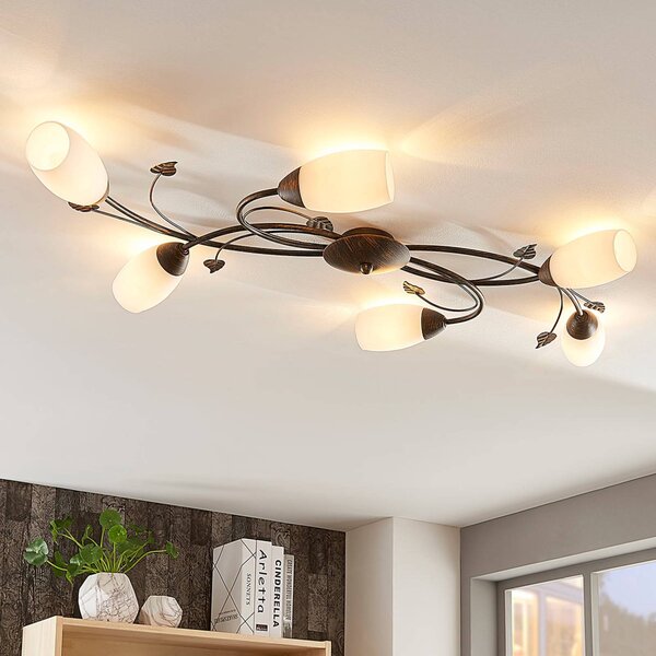 Plafoniera soffitto Stefania Lindby, dimmerabile, Marrone / Ruggine, Soggiorno / Sala da pranzo, Vetro, Antico, Plafoniera