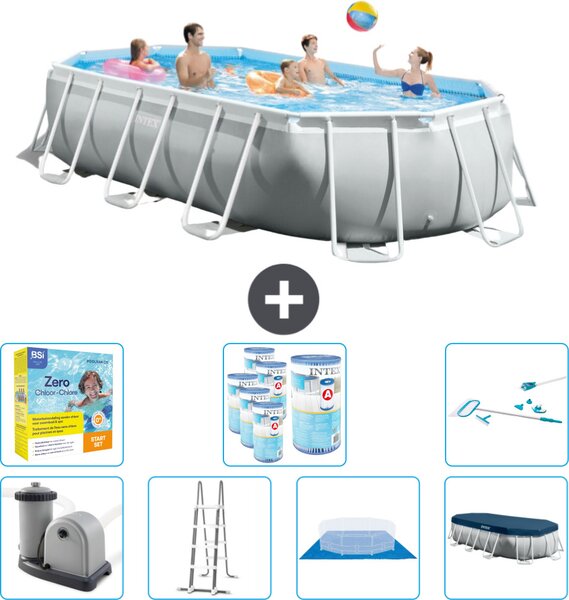 Piscina Intex Oval Prism Frame - 503 x 274 x 122 cm - Grigio - compresa pompa - scaletta - telo di fondo - pacchetto manutenzione copertura - filtro - kit pulizia