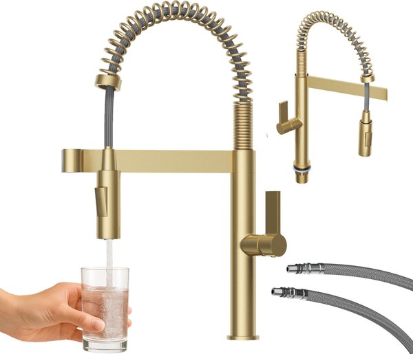 Granitan | Miscelatore da cucina Elara - Modello alto - Oro spazzolato - Design moderno - Doccetta estraibile a 2 funzioni