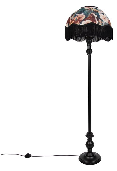 Lampada da terra nera con paralume floreale e interno bianco 45cm - Classico