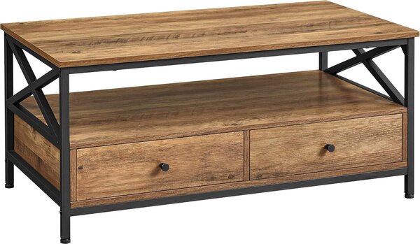 Tavolino da salotto VASAGLE, con 2 cassetti e ripiano aperto, struttura in acciaio a X, 100 x 55 x 45 cm, stile industriale