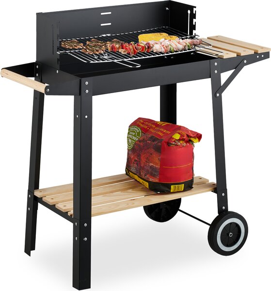 Barbecue Relaxdays con ruote, 2 ripiani, griglia regolabile in altezza, paravento, carrello barbecue L x P x A: 80,5 x 86 x 42 cm, nero
