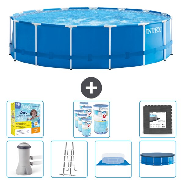 Piscina Intex con struttura rotonda - 457 x 122 cm - blu - compresa pompa - scala - telo di fondo - confezione di manutenzione della copertura - filtro - piastrelle per il pavimento