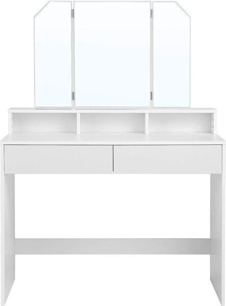 VASAGLE, tavolo da toilette con specchio pieghevole e 2 cassetti, tavolo cosmetico con 3 scomparti aperti, tavolo da toilette, per il trucco, moderno, bianco