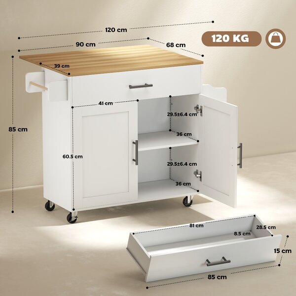 HOMCOM Isola da Cucina con Ruote, Piano Ribaltabile, Cassetto e Ripiano, 120x68x85 cm, Bianco | Aosom Italy