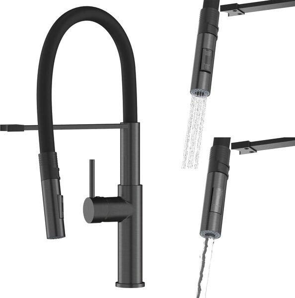 Granitan | Miscelatore da cucina Soria - Nero - Altezza 470 mm - Bocca flessibile - Doccetta estraibile