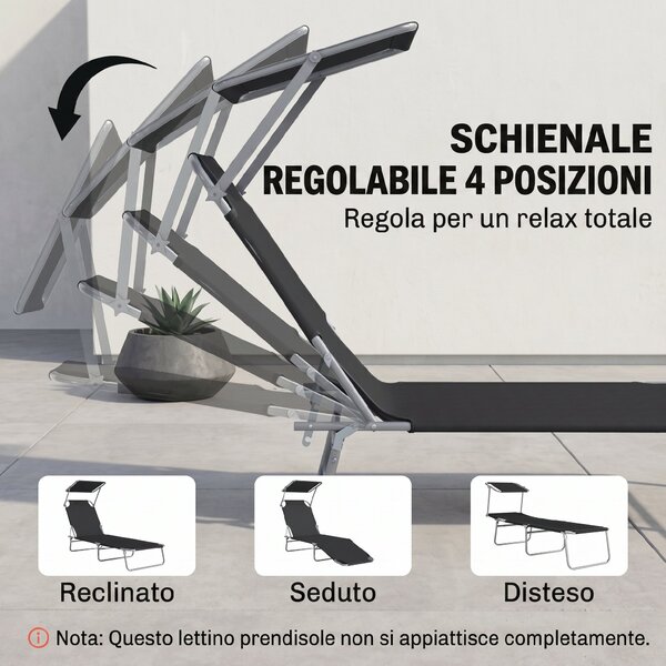 Outsunny Lettino Prendisole Reclinabile su 4 Livelli con Tettuccio, Sdraio Giardino in Tessuto Nero, Lettino da Esterno, 187x58x36cm | Aosom Italy