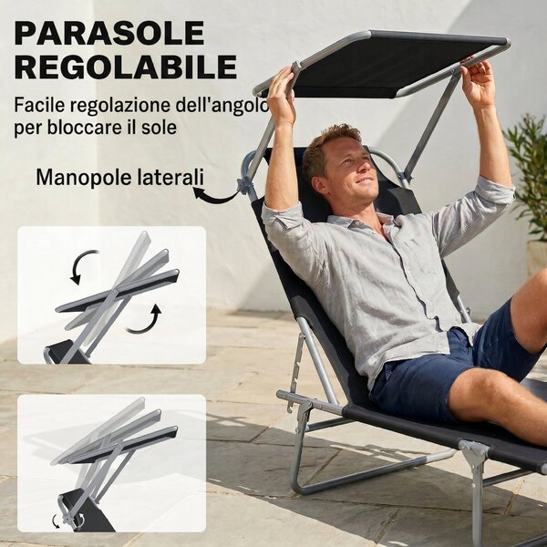 Outsunny Lettino Prendisole Reclinabile su 4 Livelli con Tettuccio, Sdraio Giardino in Tessuto Nero, Lettino da Esterno, 187x58x36cm | Aosom Italy