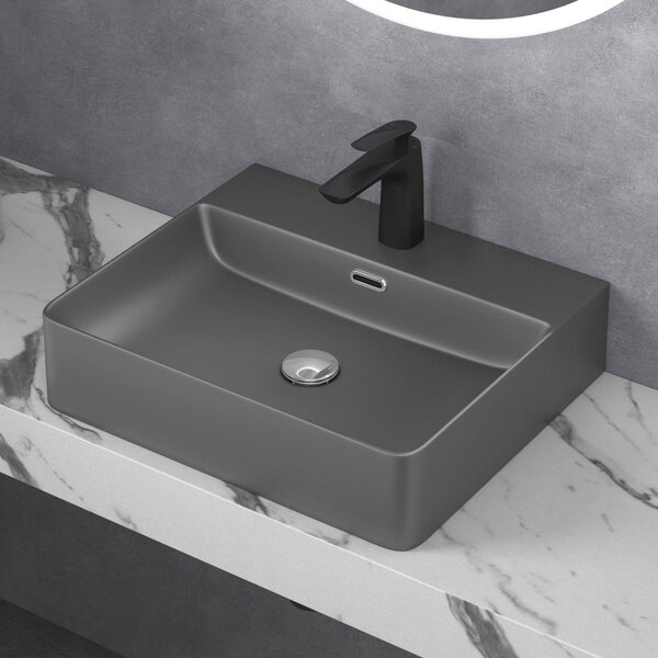 Doporro Lavabo da Appoggio Lavandino Sospeso Bagno Rettangolare 50 cm in Vetroceramica Antracite Opaco con Foro per Rubinetto e Troppopieno - Meissen201