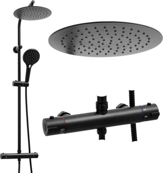 Set doccia - con rubinetto termostatico e doccia a pioggia - Nero