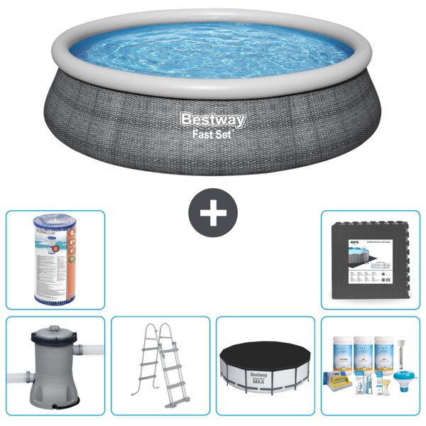 Piscina gonfiabile rotonda Bestway a presa rapida - stampa rattan - 457 x 107 cm - inclusa pompa - copertura a scaletta - pacchetto manutenzione - filtro - piastrelle per pavimento