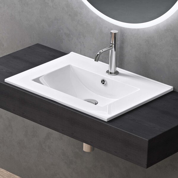 Doporro Lavabo da Incasso Rettangolare 60 cm in Vetroceramica Bianco Lucido, Lavandino Integrato con Foro Rubinetto, Installazione su Mensola o Mobile Bagno Br¹ssel912