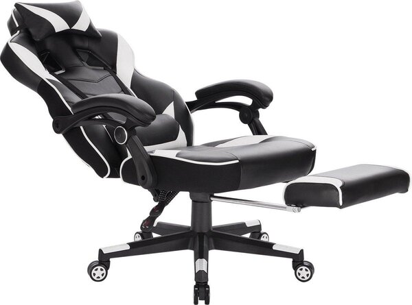 Sedia da gaming bianca – Pelle finta – Regolabile in altezza – Con poggiapiedi – Sedia ergonomica per gaming e ufficio