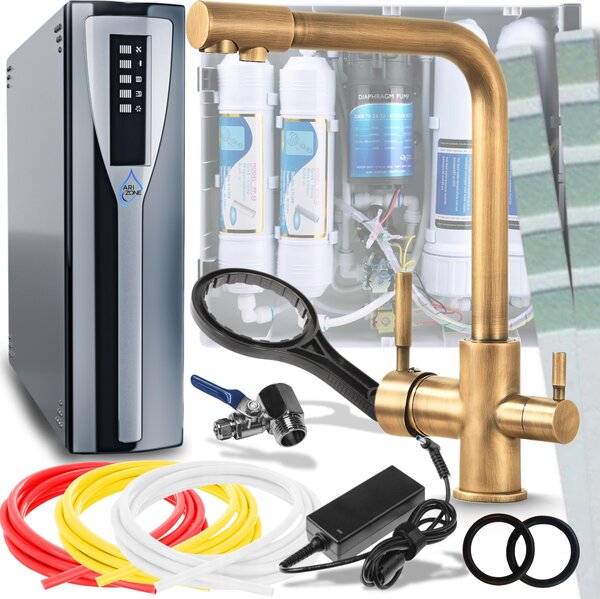 Rubinetto da cucina Ari Venom 1 a 3 vie, in ottone, con collegamento per filtro acqua, canna girevole 360 gradi, bronzo