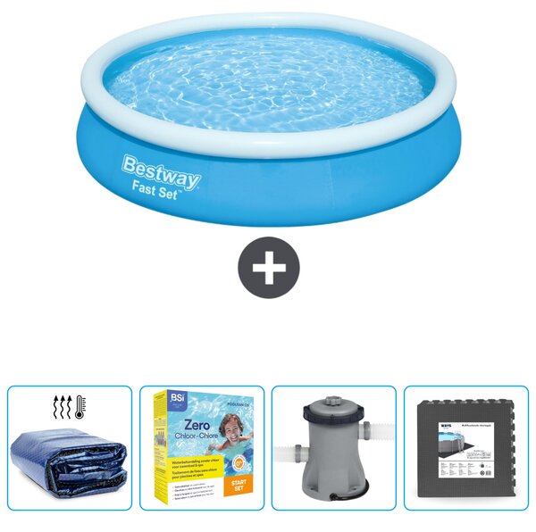 Piscina gonfiabile rotonda Bestway ad ambientazione rapida - 366 x 76 cm - blu - include tenda da sole - pacchetto manutenzione - pompa - pavimento in piastrelle
