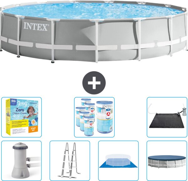 Piscina Intex Round Prism Frame - 457 x 107 cm - Grigio - inclusa pompa - scaletta - telo di fondo - pacchetto manutenzione copertura - filtro - tappetino solare