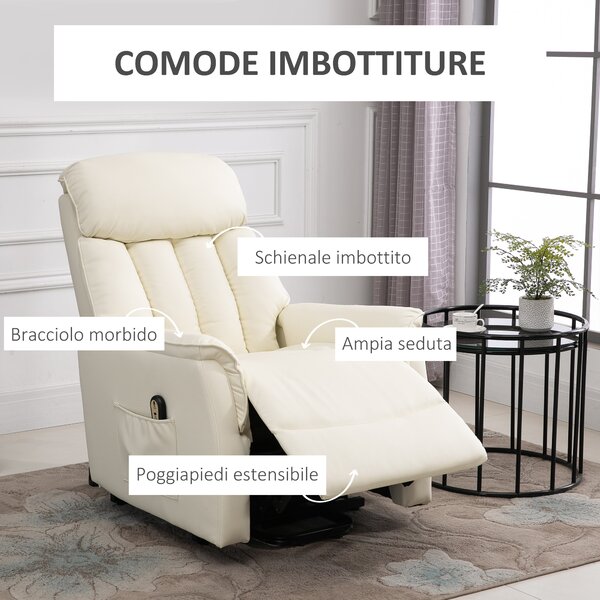 HOMCOM Poltrona Relax Elettrica Alzapersona Reclinabile 145° con Telecomando e Poggiapiedi in Pelle PU, Poltrona Elettrica Anziani, Crema| Aosom Italy