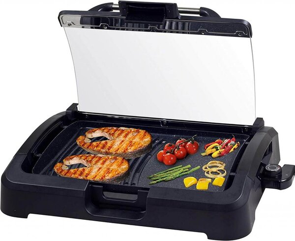 Beper 90.871 Grill elettrico con coperchio in vetro | piastra rivestita, acciaio inox, 2200 W, BBQ, 5 impostazioni di temperatura, bistecca, grill elettrico, grill elettrico