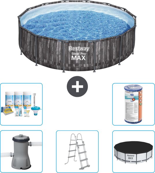 Piscina Bestway Round Steel Pro MAX - stampa legno - 427 x 107 cm - inclusa pompa - scala - copertura pacchetto manutenzione - filtro