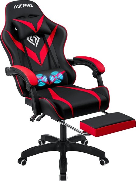 Sedia da gaming - Sedia da ufficio ergonomica - Fino a 180 kg - Supporto lombare massaggiante - Funzione reclinabile - Poggiapiedi - Braccioli regolabili - Pelle finta - Rosso-nero