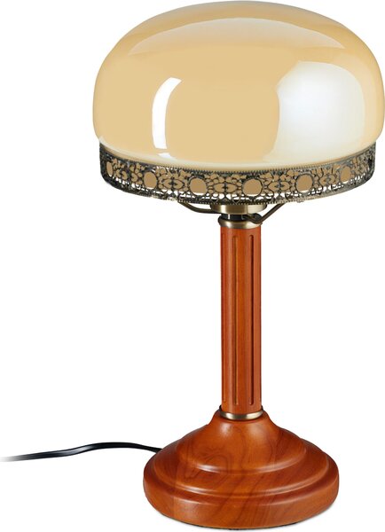 Lampada da tavolo Relaxdays, base rotonda in legno, stile Art Nouveau retrò, beige / effetto ottone 10016611