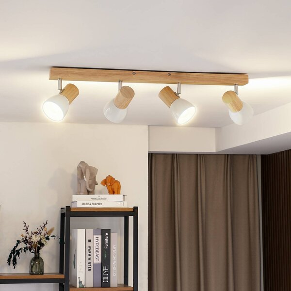 Plafoniera Lindby Thorin, 67 cm, a 4 luci, bianco, legno, E14 Thorin Lindby, dimmerabile, Legno scuro, Soggiorno / Sala da pranzo, Scandinavo, Faretto