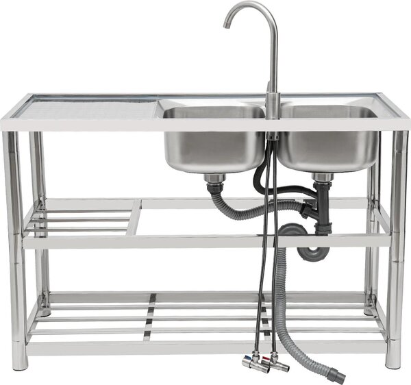 Lavello doppio in acciaio inox per la cucina, rubinetto girevole a 360°, grande capacità, bordi rialzati, filtraggio multistadio