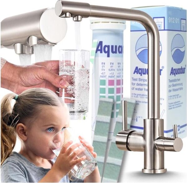 Rubinetto da cucina a 3 vie Ari Venom 1, con collegamento filtro acqua, doppia canna girevole 360 gradi, inox satinato