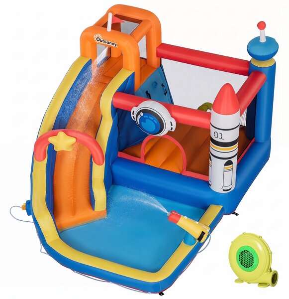 Outsunny Gioco Gonfiabile per Bambini 3-8 Anni a tema Spazio in Tessuto Oxford con Borsa da Trasporto, 11 Paletti e Toppe Inclusi, 340x270x227 cm
