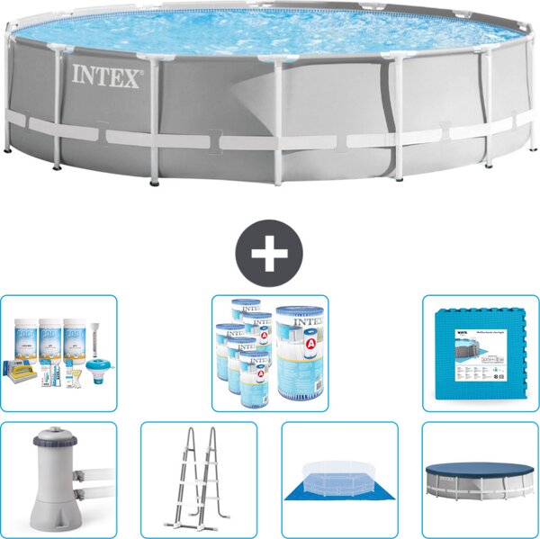 Piscina Intex Round Prism Frame - 427 x 107 cm - Grigio - inclusa pompa - scaletta - telo di fondo - pacchetto di manutenzione della copertura - filtro - piastrelle per il pavimento