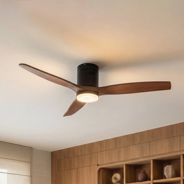Ventilatore da soffitto LED Lucande Brinia, Ø 132 cm, legno, CCT Brinia, Legno scuro, Soggiorno / Sala da pranzo, Legno, Scandinavo