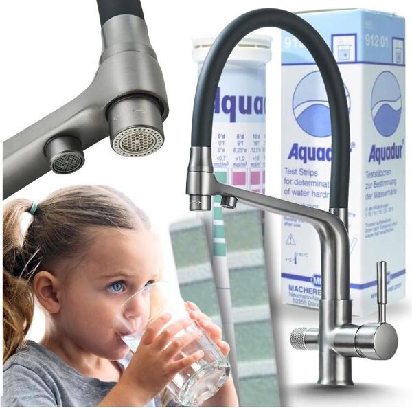 Rubinetto da cucina a 3 vie Ari Flexible, doccetta estraibile, canna girevole 360 gradi, per acqua filtrata, grafite antracite