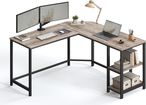 Scrivania VASAGLE, scrivania angolare a L con 2 ripiani, scrivania salvaspazio dal design industriale, 138 x 138 x 75 cm, grigio-nero