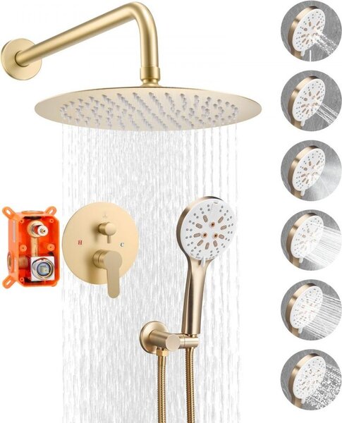 Set sistema doccia con rubinetto e soffione a pioggia in oro spazzolato 254 mm