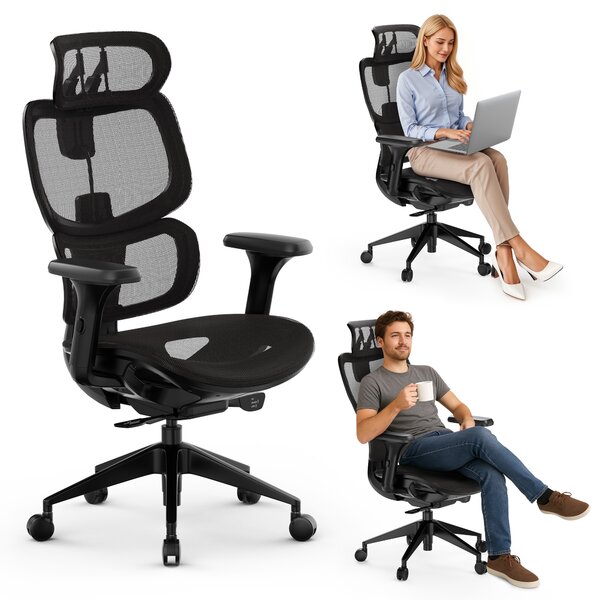 SENSE7 Nobu Sedia da ufficio ergonomica Sedia da scrivania nera con braccioli 3D, poggiatesta, schienale in rete, funzione oscillante, poltrona direzionale, home office, 130 kg