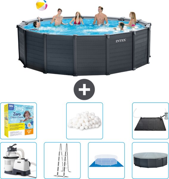 Piscina rotonda Intex con pannello grigio grafite - 478 x 124 cm - inclusa pompa - scaletta - telo di fondo - pacchetto di manutenzione della copertura - sfere filtranti - tappeto solare