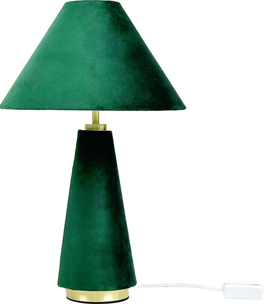 Lampada da tavolo Relaxdays, paralume in velluto e base in metallo, E14, HD 47x30 cm, lampada da comodino con cavo, camera da letto, verde scuro/oro