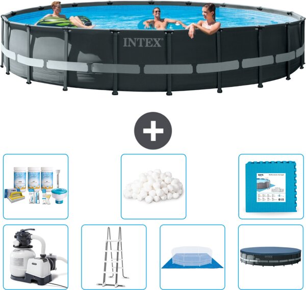 Piscina Intex Round Ultra XTR Frame - 610 x 122 cm - inclusa pompa - scaletta - telo di fondo - confezione di manutenzione della copertura - sfere filtranti - piastrelle per il pavimento