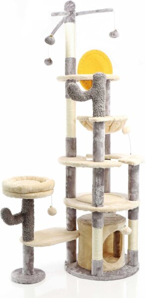 Tiragraffi Fudajo in design cactus grigio chiaro 172 cm, tiragraffi per gatti con casetta e abbeveratoio, albero per gatti con sisal, mobili per gatti con palline da gioco