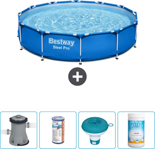 Piscina Bestway Round Steel Pro - 366 x 76 cm - blu - inclusa pompa filtro - galleggiante per il cloro - cloro