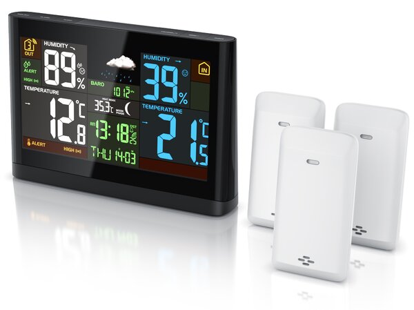 Stazione meteo wireless BEARWARE con display a colori, stazione meteo wireless con 3 sensori esterni, pressione dell'aria, andamento della temperatura, previsioni del tempo