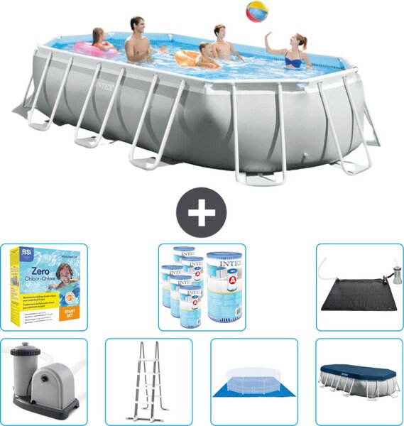 Piscina Intex Oval Prism Frame - 503 x 274 x 122 cm - Grigio - compresa pompa - scaletta - telo di fondo - pacchetto di manutenzione della copertura - filtro - tappetino solare
