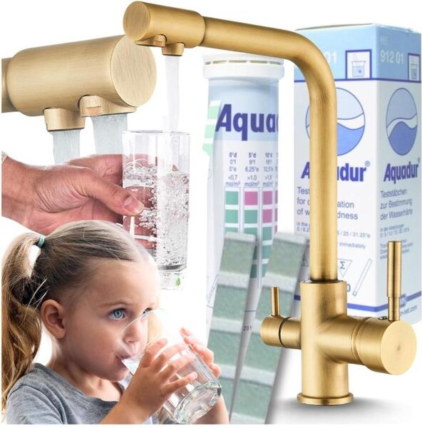 Rubinetto da cucina Ari Venom 1 a 3 vie, con collegamento per filtro acqua, beccuccio girevole a 360 gradi, ottone, finitura ottone