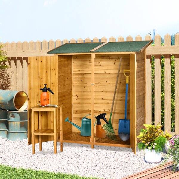 Outsunny Casetta da Giardino in Legno a 2 Ante con Sgabello Alto a 2 Ripiani e Tetto Idrorepellente, 140x75x157 cm|Aosom