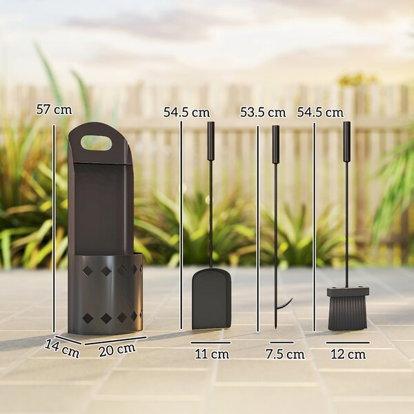 Outsunny Set accessori per camino da 4 pezzi, con scopino, paletta, attizzatoio e supporto, in metallo, Nero | Aosom Italy