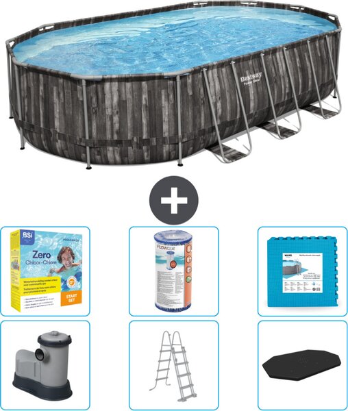 Piscina Bestway Oval Power Steel - 610 x 366 x 122 - Grigio - compresa pompa - scala - pacchetto di manutenzione della copertura - filtro - piastrelle del pavimento