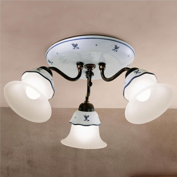 Plafoniera da Soffitto con 3 Diffusori in Ceramica FERRARA Diametro ? 50X H 24 cm peso 1 kg - Attacco Lampada E 14 interno Paralume Bianco Vintage