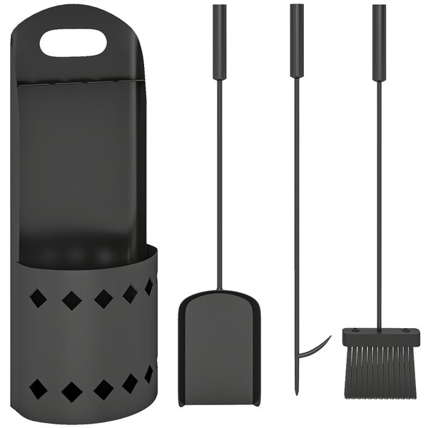 Outsunny Set accessori per camino da 4 pezzi, con scopino, paletta, attizzatoio e supporto, in metallo, Nero | Aosom Italy